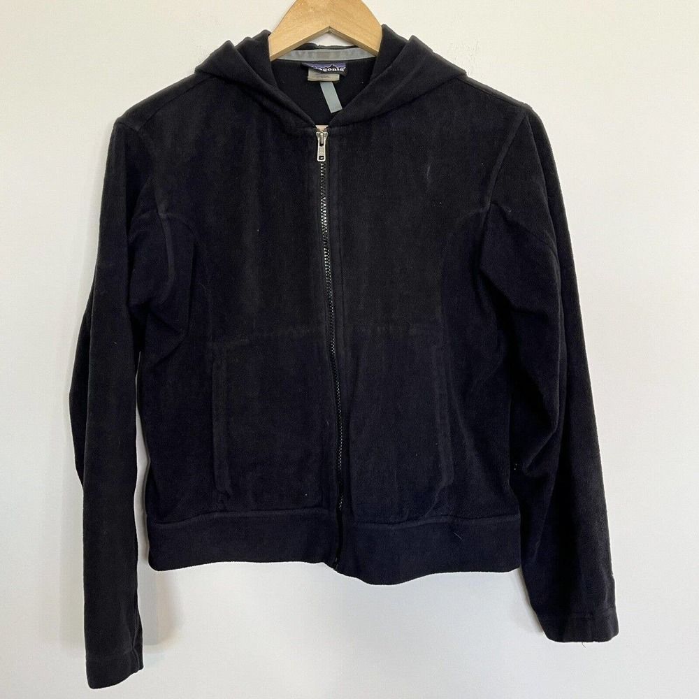 Patagonia Rhythm Jacket Womens Small‎ Black Fuzzy Sherpa Hoodie Full Zip Coat